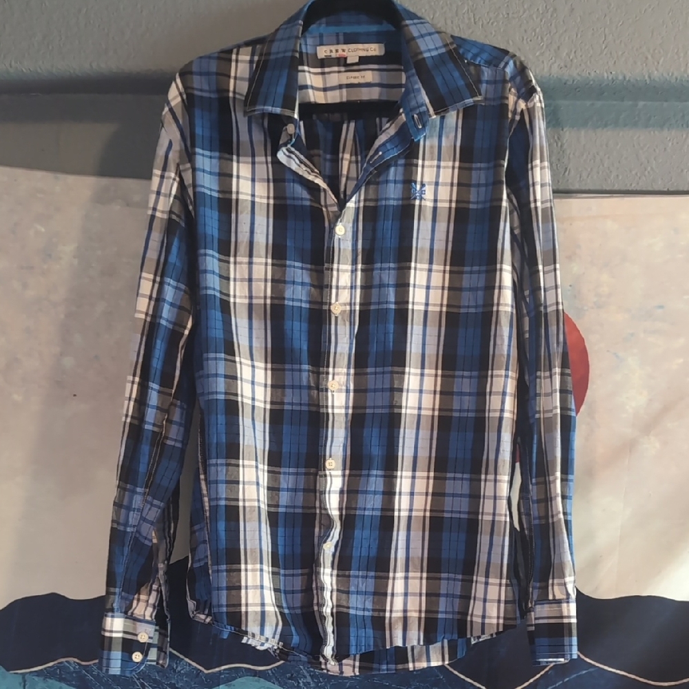 Crew Clothing Co Navy and White Plaid Casual Oxford Shirt